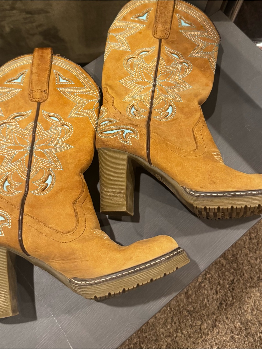 Roper Western Cowboy Boots Tan Turquoise Embroidered Size 5.5